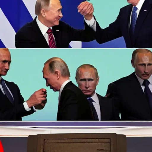 Image similar to biden and putin handshacking each other with a painful face