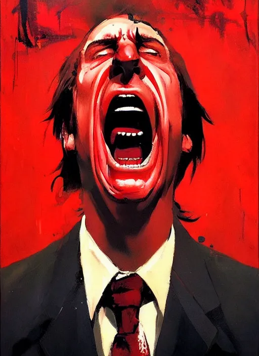 Prompt: saul goodman angry, screaming, red face, spit flying from mouth, stylistic painting by 'phil hale'!!!! high quality hd