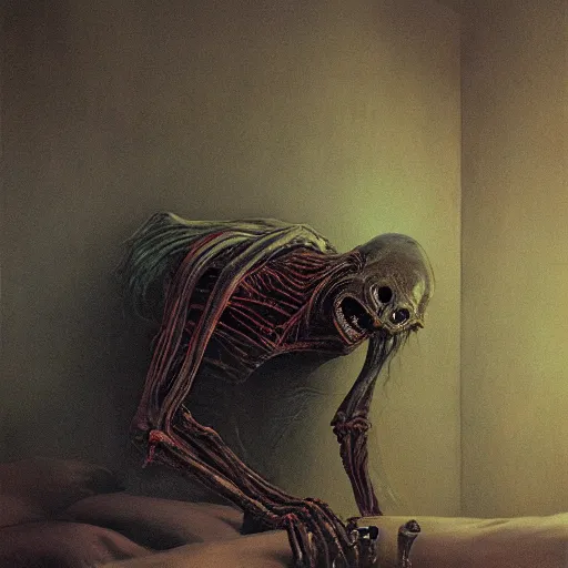 Prompt: demonic alien with long fingers at the foot of the bed in a dark room, beksinski, dariusz zawadzki, very coherent symmetrical artwork, cinematic, hyper realism, high detail, octane render, 8 k