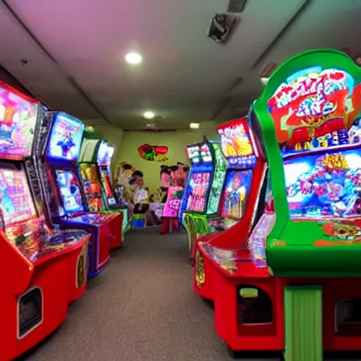 Image similar to a lot of arcade machines being played by really cute stuffed animals inside of a japanese arcade green white and red