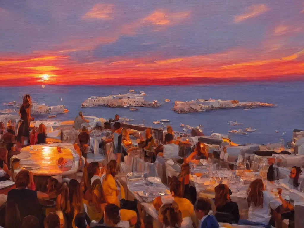 Image similar to an oil painting of a beautiful sunset overlooking the mediterranean from buddha bar in mykonos, background of millions of normal curves