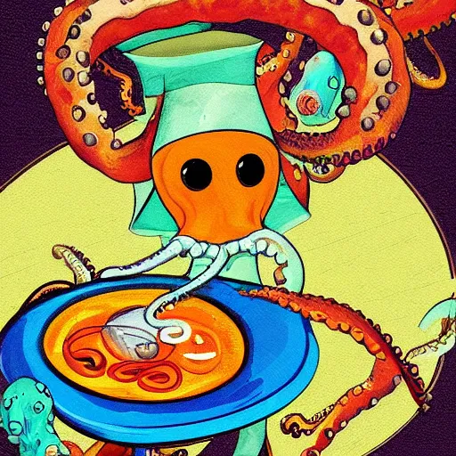 Image similar to occult anthropomorphic octopus chef cooking a delicious colorful soup, digital paintingl