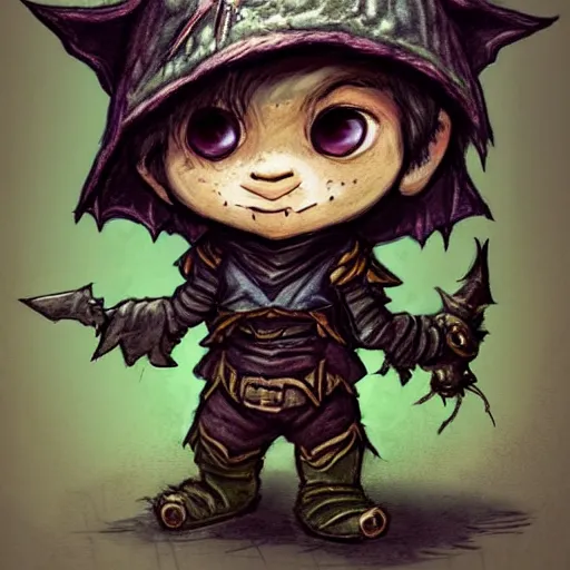 Prompt: cute tiny goblin girl wearing hunter armor from Bloodborne and a wizard hat, geeen skin, trending on ArtStation, d&d, chibi
