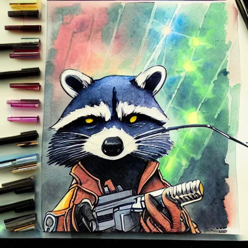 Prompt: racoon holding a laser gun, guardians of the galaxy style, centered award winning watercolor pen drawing, by caroline choi, edited by range murata