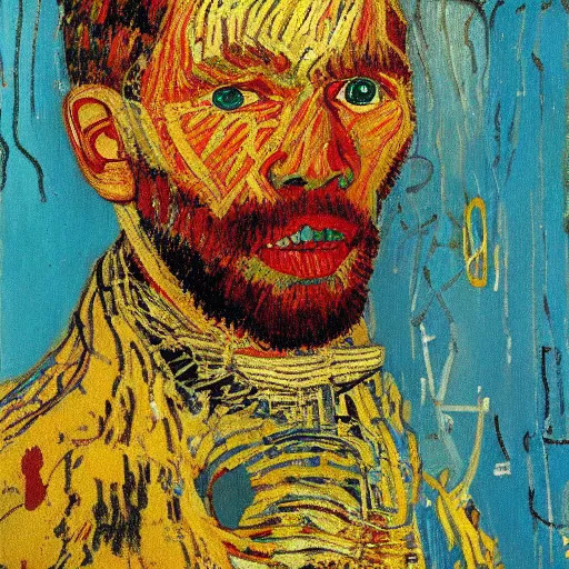 Prompt: portrait of an artificial intelligence painting by van Gogh klimt Jean-Michel Basquiat