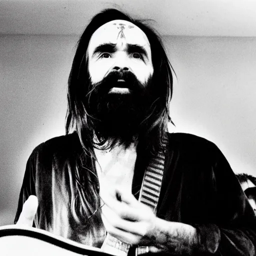 Image similar to charles manson singing with the beatles, black and white, portrait, high quality photography, realistic, detailed, uncropped, realistic face,