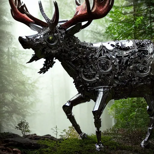 Image similar to chrome stag made of corvette parts in a lush forest :: moody, ornate, dynamic, particulate, intricate, elegant, highly detailed, centered, artstation, smooth, sharp focus, octane render