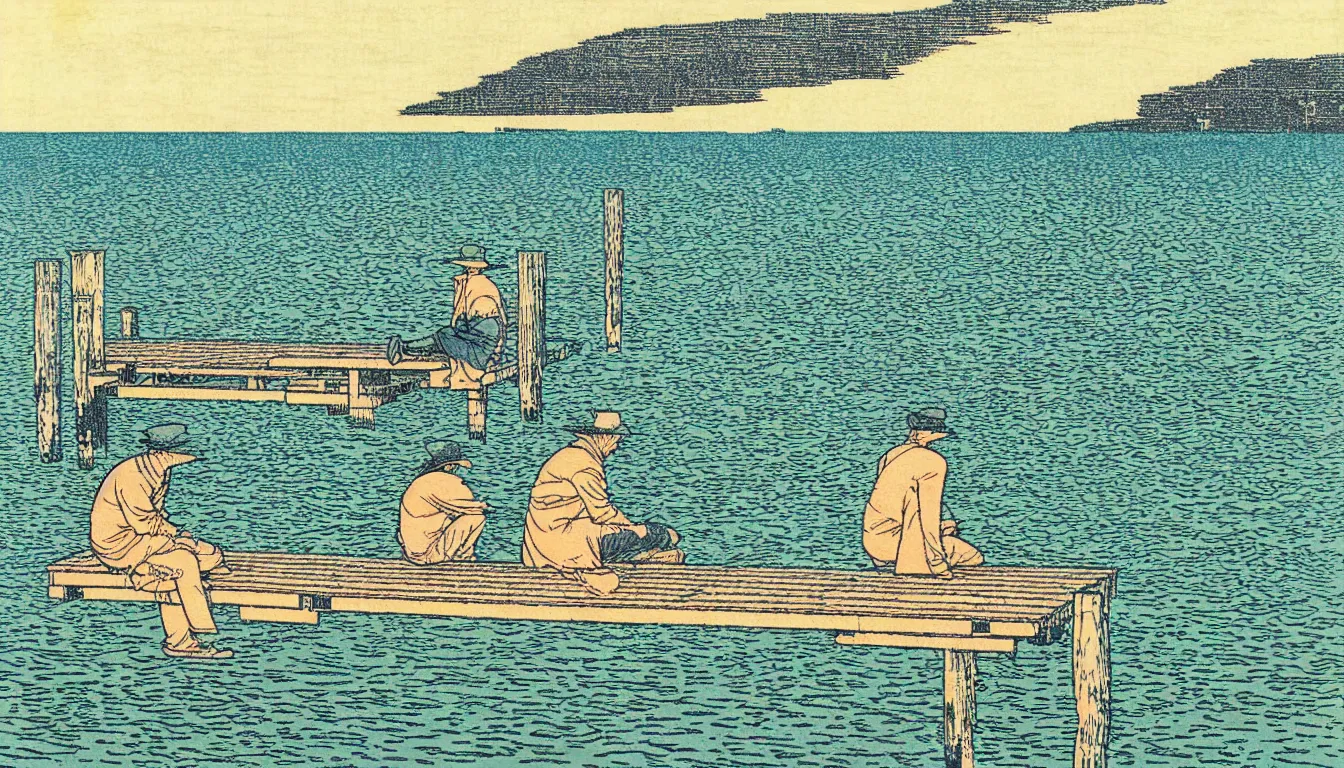 Image similar to sitting at the end of the dock by woodblock print, moebius