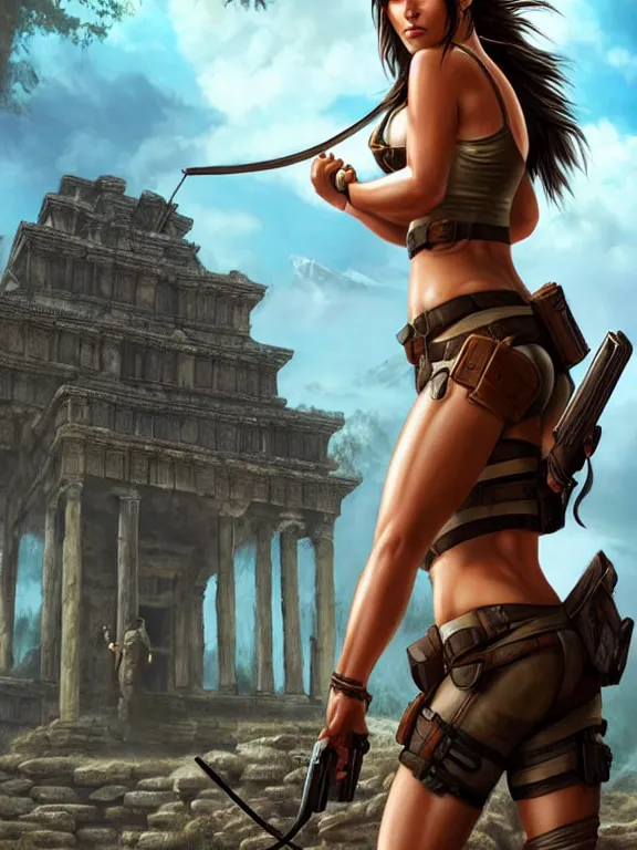 Prompt: lara croft standing in front of an ancient temple, digital painting, extremely detailed, 4 k, intricate, artgerm, by stanley lau