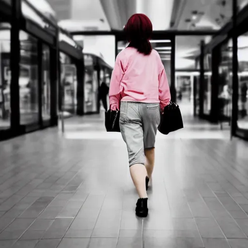 Prompt: a closeup portrait of woman walking in mall alone in style of 1990s, street photography seinen manga fashion edition, focus on face, eye contact, tilt shift style scene background, soft lighting, Kodak Portra 400, cinematic style, telephoto