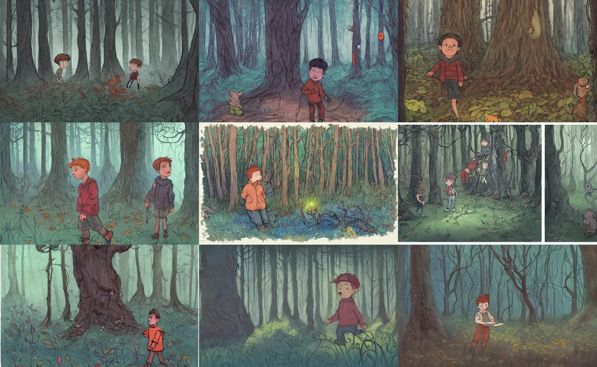 Prompt: children book illustration of boy in haunted forest, by beatrice blue, by julia sarda, by loish, by szymon biernacki. classic, guache, crayons, pastels. traditional. dark. low saturation. artstation. behance. intricate. detailed.