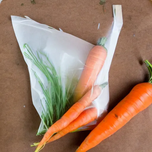 Prompt: photo carrots in a plastic bag with a damp paper towel inside,