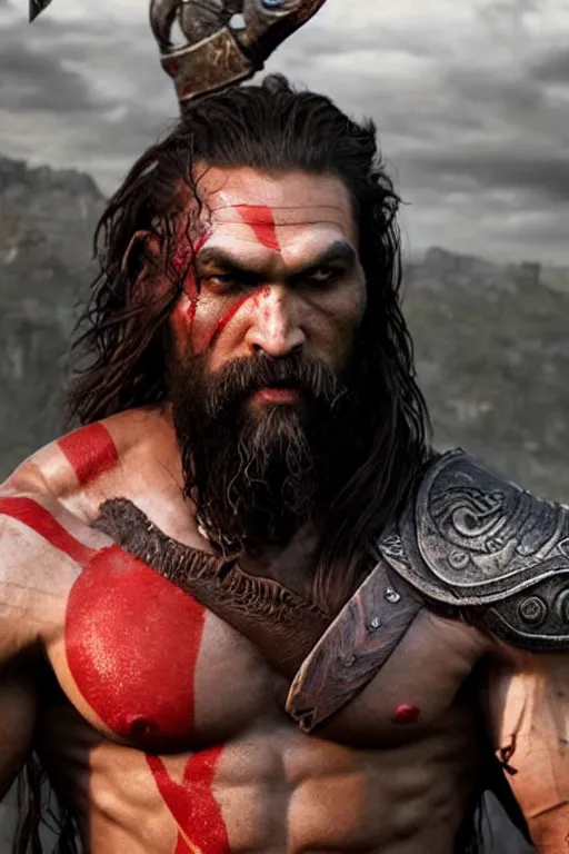 Image similar to film still from god of war, a highly detailed beautiful closeup photo of jason momoa kratos with long windblown wet hair holding a sword and fighting zombies on a pile of human skulls, spartan warrior, olympian god, muscular!,, action pose, ambient lighting, volumetric lighting, octane, fantasy