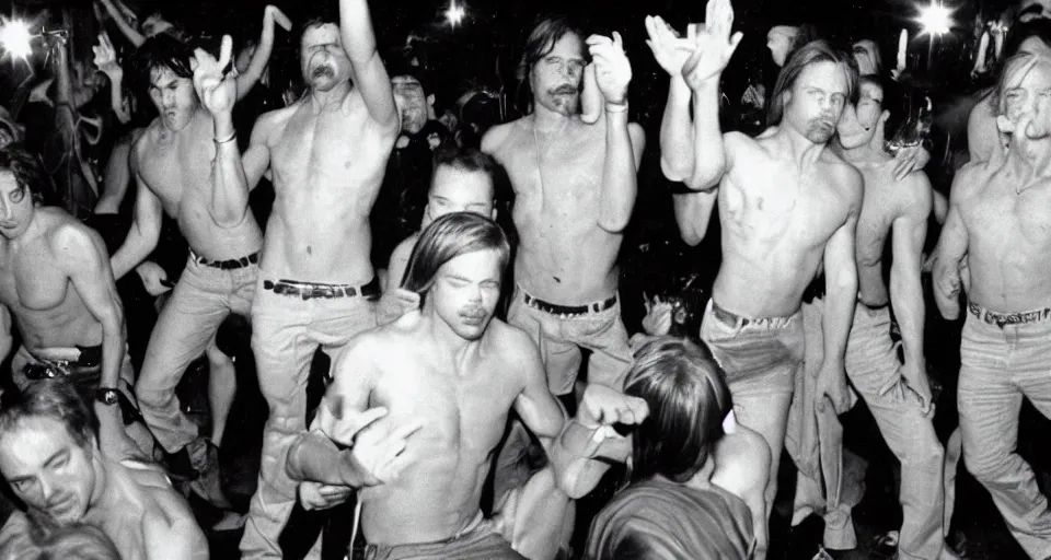 Prompt: color film still, brad pitt and his clones at the disco ; studio 5 4 ( 1 9 9 8 )