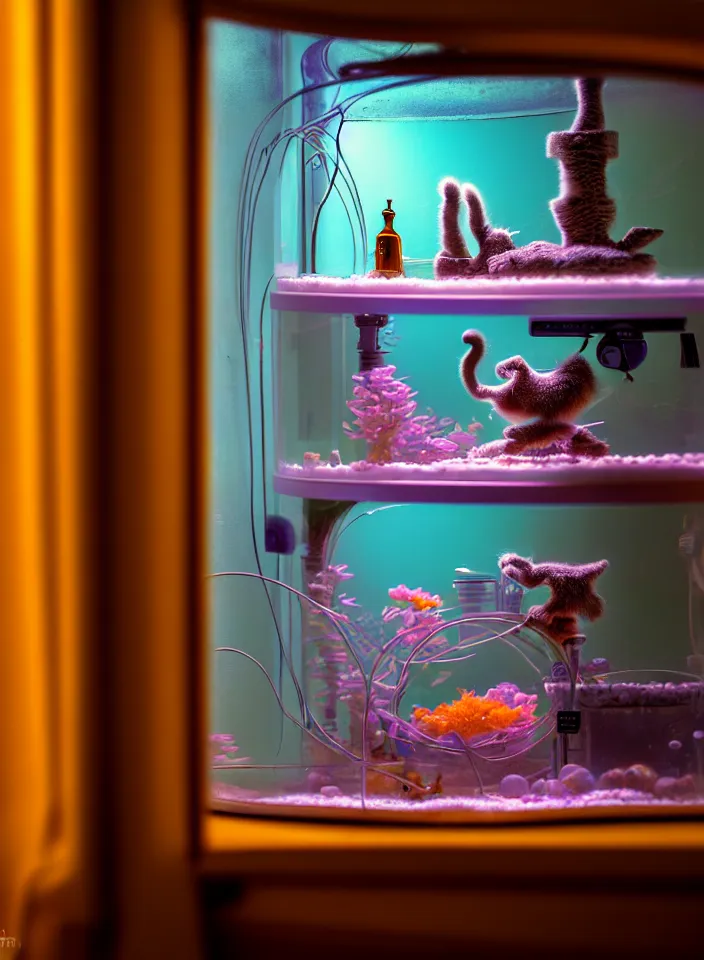 Image similar to telephoto 7 0 mm f / 2. 8 iso 2 0 0 photograph depicting the feeling of chrysalism in a cosy safe cluttered french sci - fi ( ( art nouveau ) ) cyberpunk apartment in a pastel dreamstate art cinema style. ( cat ) ( ( fish tank ) ), ambient light.