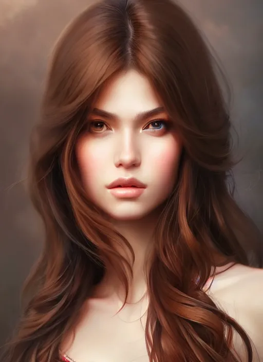 Image similar to a gorgeous female with long brown hair in the style of stefan kostic, realistic, full body shot, wide angle, sharp focus, 8 k high definition, insanely detailed, intricate, elegant, art by stanley lau and artgerm, floating embers