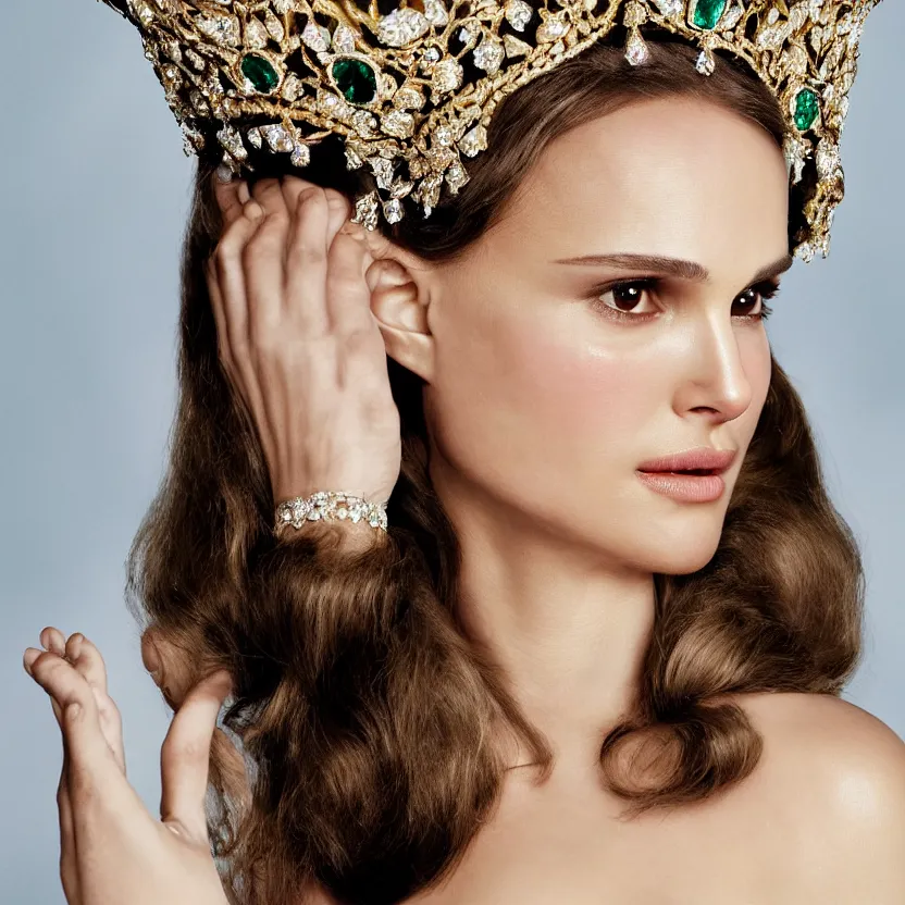 Prompt: natalie portman as the queen of england, big crown adorned with emerald, diamonds, topaz and other jewellaries, sensual, beautiful soft light failling on her face, studio photography, nikon 3 5 mm portrait photography, ultra realistic