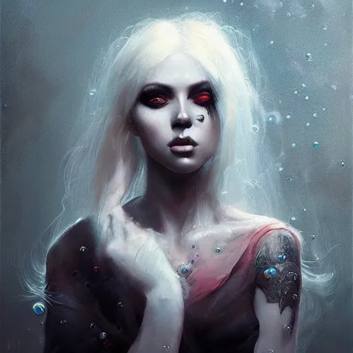 Image similar to a beautiful portrait of kerli koiv with bubble goth makeup, a detailed painting by greg rutkowski and raymond swanland, featured on cgsociety, fantasy art, detailed painting, artstation hd, photorealistic