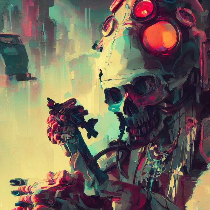 Prompt: a colorful comic noir illustration painting of a cyberpunk skull by sachin teng and sergey kolesov and ruan jia and heng z. graffiti art, sci fi, hyper detailed. octane render. trending on artstation