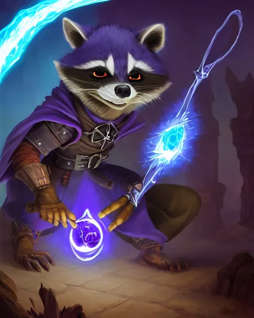 Image similar to closeup, highly detailed digital illustration portrait of hooded sorcerer druid necromancer sly cooper rocket the raccoon casting a magical energy sparkling swirling blue glowing spell in an ancient castle, action pose, d & d, magic the gathering, by rhads, frank frazetta, lois van baarle, jean - baptiste monge, disney, pixar,