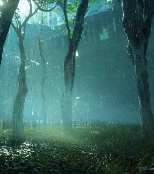 Image similar to daydreaming of the sun glares, fluidity transparent dance of the blockchain sheets, cyberpunk forest, majestic light, octane render, beauty fog, ethereal glare of the sun, raining rainbow, volumetric lighting, hyperealistic, epic, masterpiece