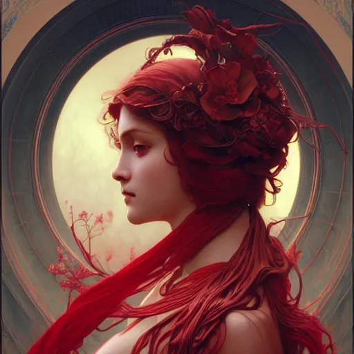 Image similar to portrait of red goddess, intricate, elegant, highly detailed, digital painting, artstation, concept art, smooth, sharp focus, illustration, art by artgerm and greg rutkowski and alphonse mucha and william - adolphe bouguereau