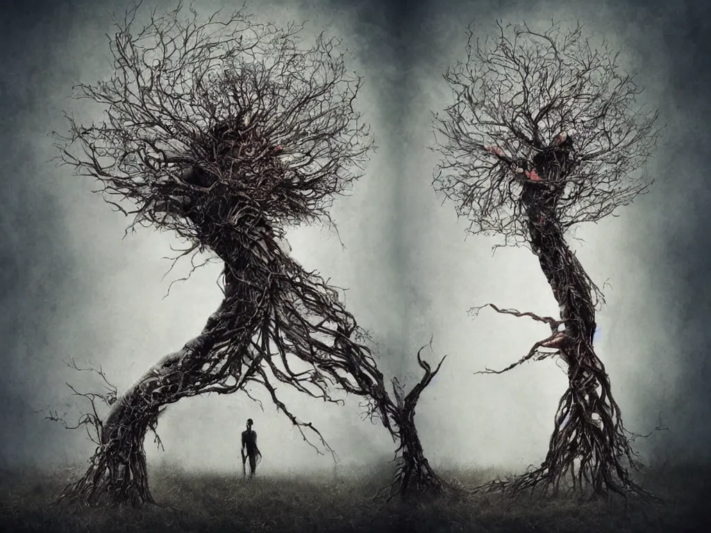 Prompt: a artistic multicalors picture with singular human -tree with crown like mycelium branches highly detailed by Adam Martinakis and by Agnes Cecile