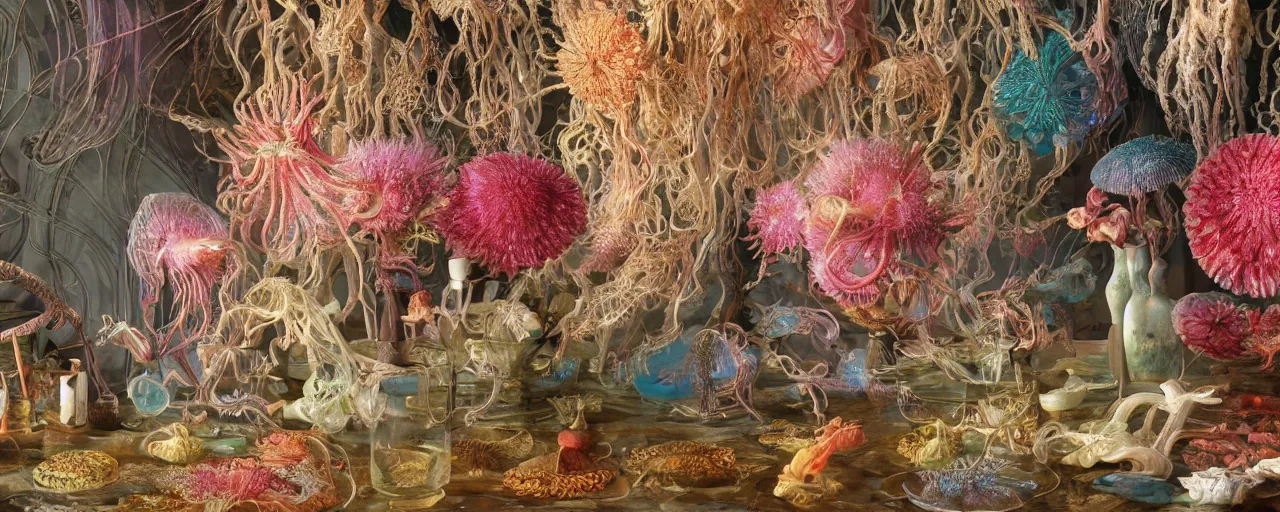 Prompt: ultradetailed reailistic still life with jellyfish flowers by ernst haeckel, caravaggio, roger dean and andrei tarkovsky, beautiful drapes and colourful vases with patterns, tentacles, wide angle, cinematic, rich ethereal colours, octane render, bokeh, unreal engine, 4k 3d render