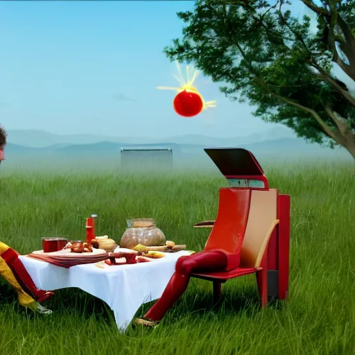 Prompt: a hyperrealistic octane render of max from flight of the navigator and hal 9 0 0 0 having a picnic, unreal engine, 8 k, ultrarealistic, photorealism