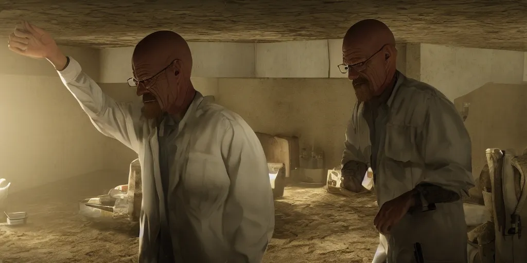 Image similar to Walter White finding a new hatch in lost, face enhance, insandely detailed, photo realistic, cinematic lighting, trending on artstation, 4k, hyperrealistic, focused, extreme details, unreal engine 5, cinematic, masterpiece