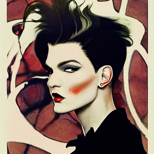 Image similar to stunning portrait of androgynous ruby rose as desire from sandman in a white tuxedo!!!, rockabilly style, by frank moth, by alphonse mucha, by jeremy mann, by peter lindbergh, dave mckean, white suit and black tie, soft lightning, high detailed, 8 k