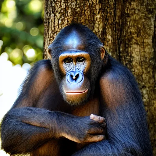 Prompt: rim light around fur of an ape on a tree, silhoutte, dim light, tree top, dslr award winning photo, nikon