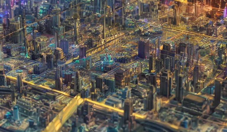 Image similar to large group people in open warehouse, looking at hologram of futuristic city on a table, cinematic concept art, godrays, golden hour, natural sunlight, 4 k, clear details, tabletop model buildings, center model buildings, hologram center, crane shot, crane shot, crane shot, godrays