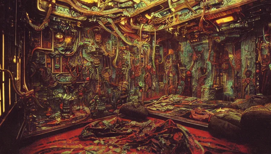 Image similar to an autochrome of a sci - fi 1 9 0 0's opium den with living, fleshy cronenberg walls, filmset interior of alien, designed by gustav klimt, octane renderer