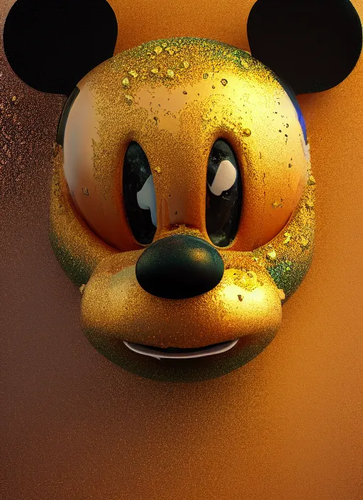 Image similar to mickey mouse head, fractal, broken, wet, mycelium, radiant alien, rococo, baroque, automotive, bio-mechanical, porcelain, iridescent sub surface scattering, octane render