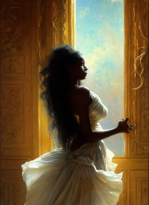 Image similar to a beautiful young black woman with long flowing hair in a flowing white gown in looking out a window through gauzy curtains, highly detailed painting by gaston bussiere, craig mullins, j. c. leyendecker 8 k