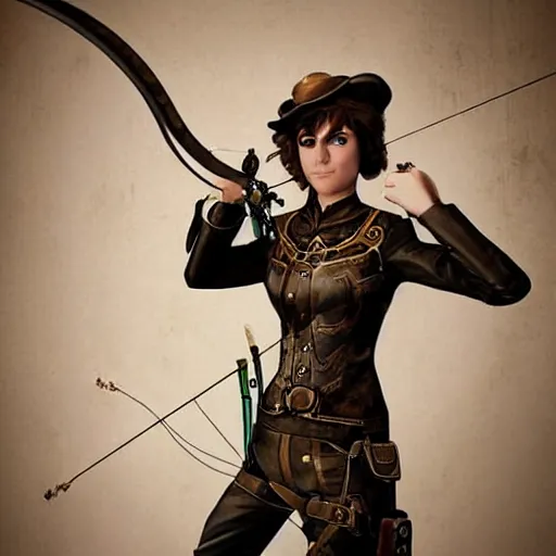 Prompt: steampunk female archer hyperrealistic