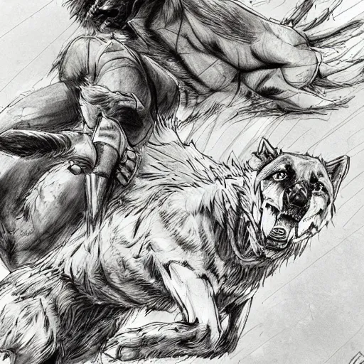 Image similar to a humanoid german shepherd beast - man wrestling with another german shepherd in the middle of an arena, pencil art, added detail, high definiton, colored, aerial viewyoji shinkawa