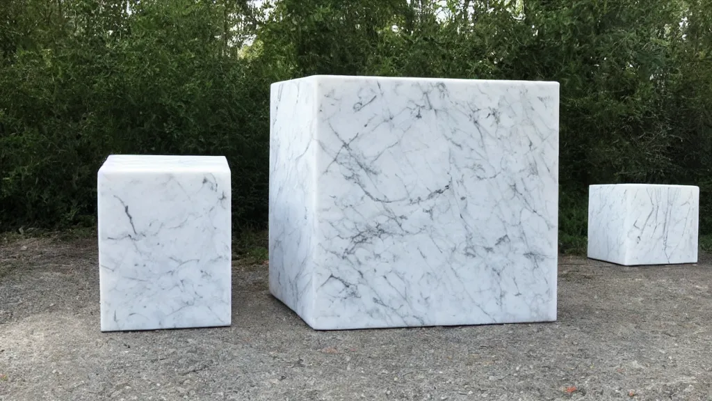 Prompt: marble sculpture cubical pinafore cube ( s ) in nature