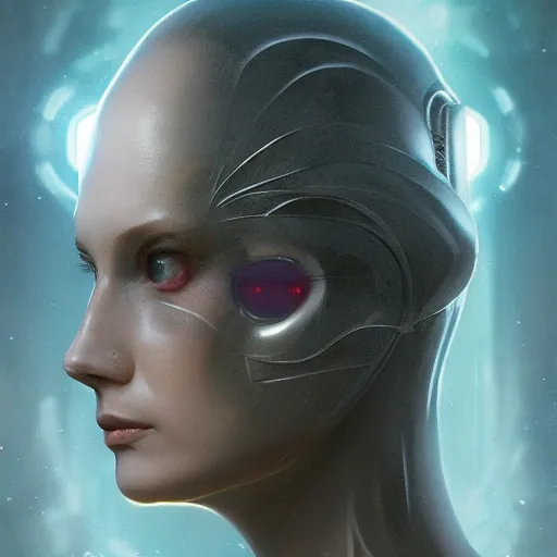 Image similar to symmetry, headpiece, portrait of an extraterrestrial creature, renaissance style, star wars character, volumetric lights, sci - fi, blade runner, trending on artstation, sharp focus, studio photo, intricate details, highly detailed, by greg rutkowski