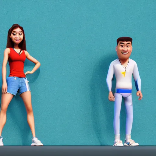 Image similar to young beautiful athletic Filipino woman with long hair standing beside a handsome caucasian athletic thin man with very short buzzed thinning hair, stubble beard on his face, blue eyes, they are posing, depicted as adult Pixar characters, high quality cg render, 4k