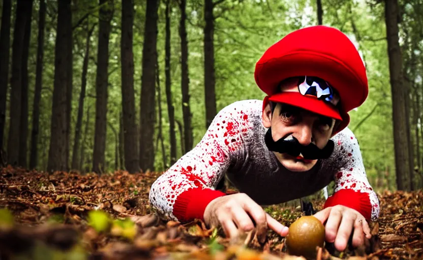 Image similar to italian man with a mustache dressed as mario wearing a solid red mario hat, crawling on the ground, eyes rolled back, licking a red mushroom with white spots, in a forest, photography, 5 0 mm lens, f 1. 8