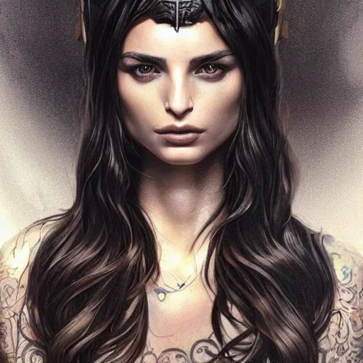 Image similar to an attractive young tattooed female wearing an black ornate metallic helmet, emily ratajkowski, olive skin, long dark hair, beautiful bone structure, intricate, elegant, highly detailed, digital painting, artstation, concept art, smooth, sharp focus, illustration, art by artgerm and greg rutkowski and alphonse mucha