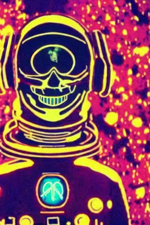 Prompt: astronaut with neon glowing skull, 1 9 6 0 s, color bleed, video compression, video glitch, vhs footage, akira kurosawa, mamoru oshii, wes anderson, stanley kubrick