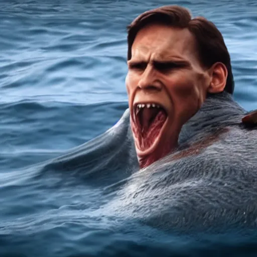 Image similar to Live Action Still of Jerma in Jaws, real life, hyperrealistic, ultra realistic, realistic, highly detailed, epic, HD quality, 8k resolution, body and headshot, film still