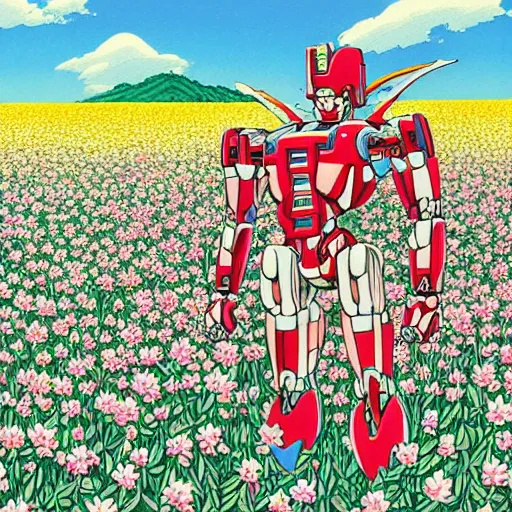 Image similar to a beautiful painting of a muscular humanoid mecha enemy stand in a field of flowers by hiroshi nagai and hirohiko araki, detailed line art