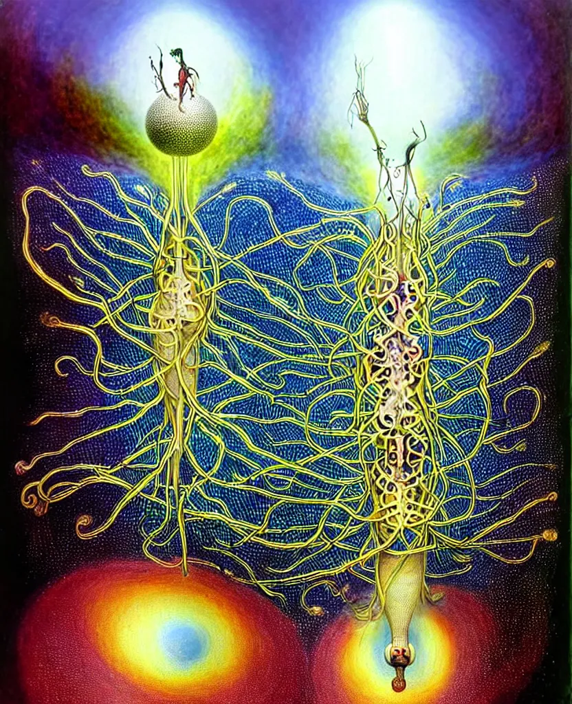 Image similar to whimsical freaky creature sings a unique canto about'as above so below'being ignited by the spirit of haeckel and robert fludd, breakthrough is iminent, glory be to the magic within, painted by ronny khalil