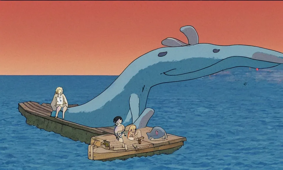 Image similar to A happy blue whale on a raft, ghibli, anime