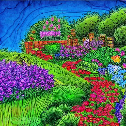 Image similar to a patent drawing of a gorgeous garden on the edge of a cliff filled with beautiful flowers of all colors and from all around the world