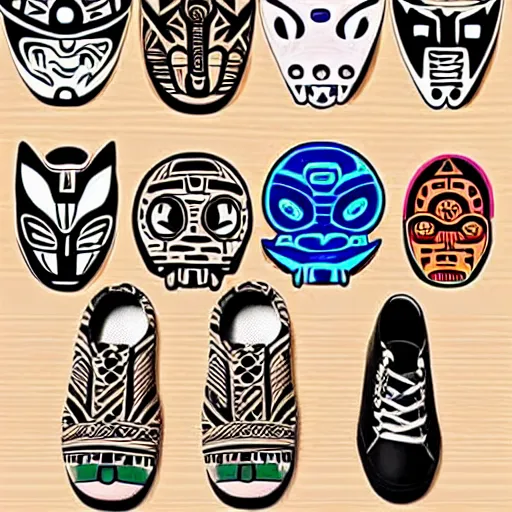 Prompt: sneaker design designed by studio ghibli, aztec mayan street fashion native punk sneaker design, majora's mask, wearing wooden mask, hip hop sneaker design with subtle mayan patterns, gapmoe yandere grimdark, trending on pixiv fanbox, painted by greg rutkowski makoto shinkai takashi takeuchi studio ghibli, akihiko yoshida